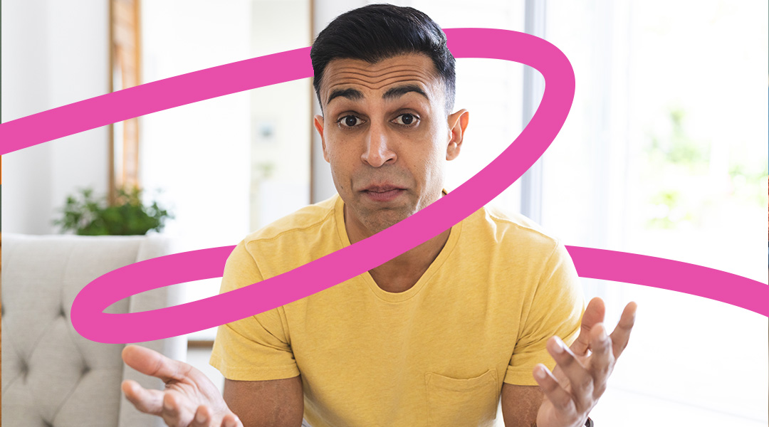 Man in a yellow shirt with a puzzled expression, overlaid by a magenta spiral graphic (abstract/illustrative).